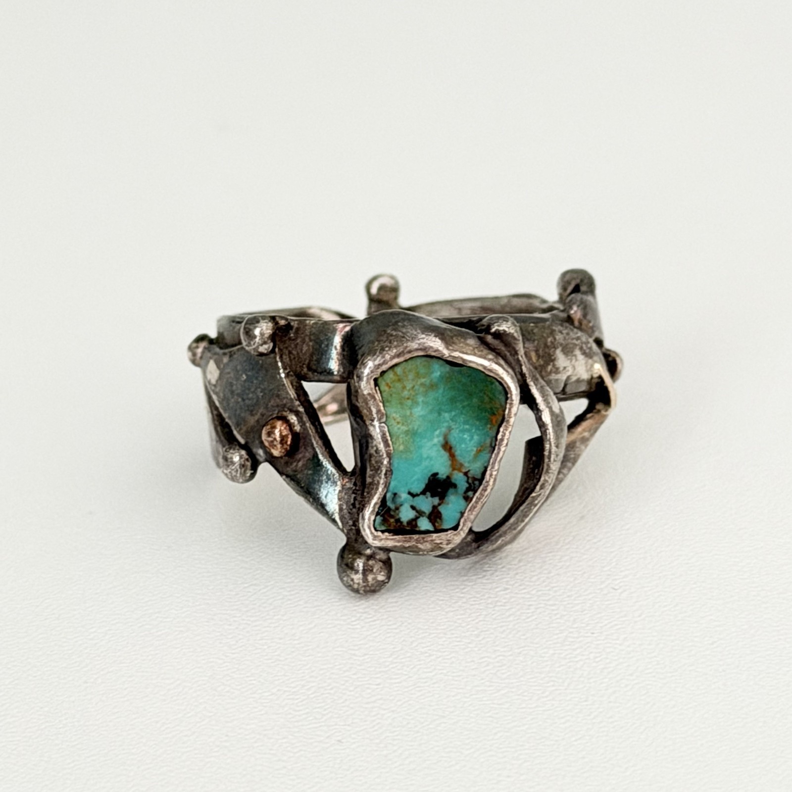 Vintage Brutalist Sterling Silver Turquoise Unique Modernist Ring Size 7