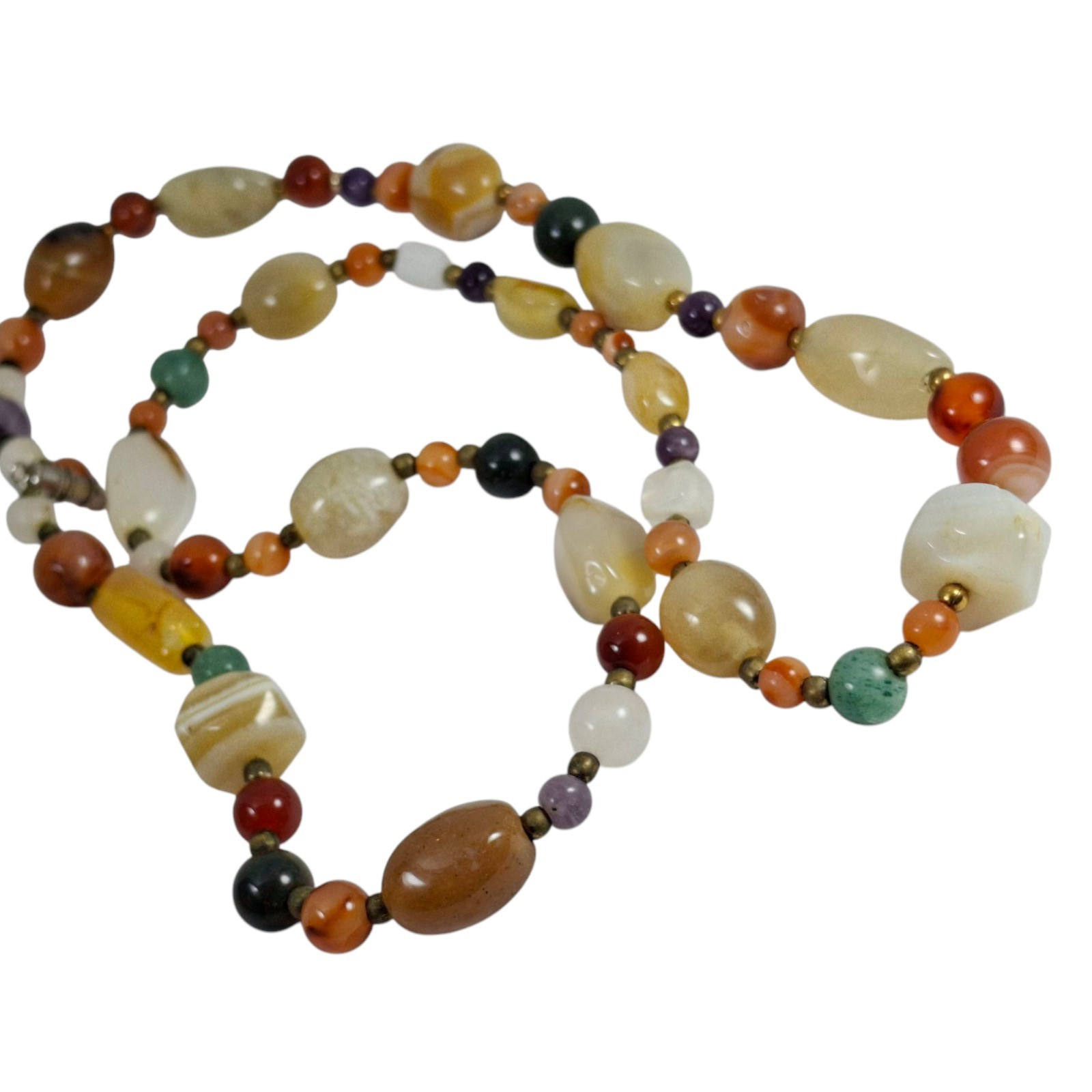 Vintage Necklace Polished Stones Earthtones Mod Boho hippy westerncore brass