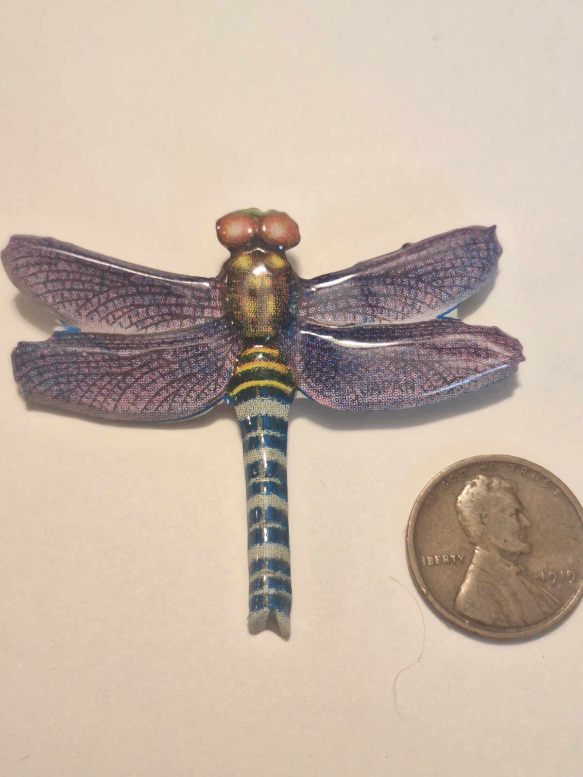 Vintage Tin Litho Bug Purple Dragonfly Brooch Pin Japan