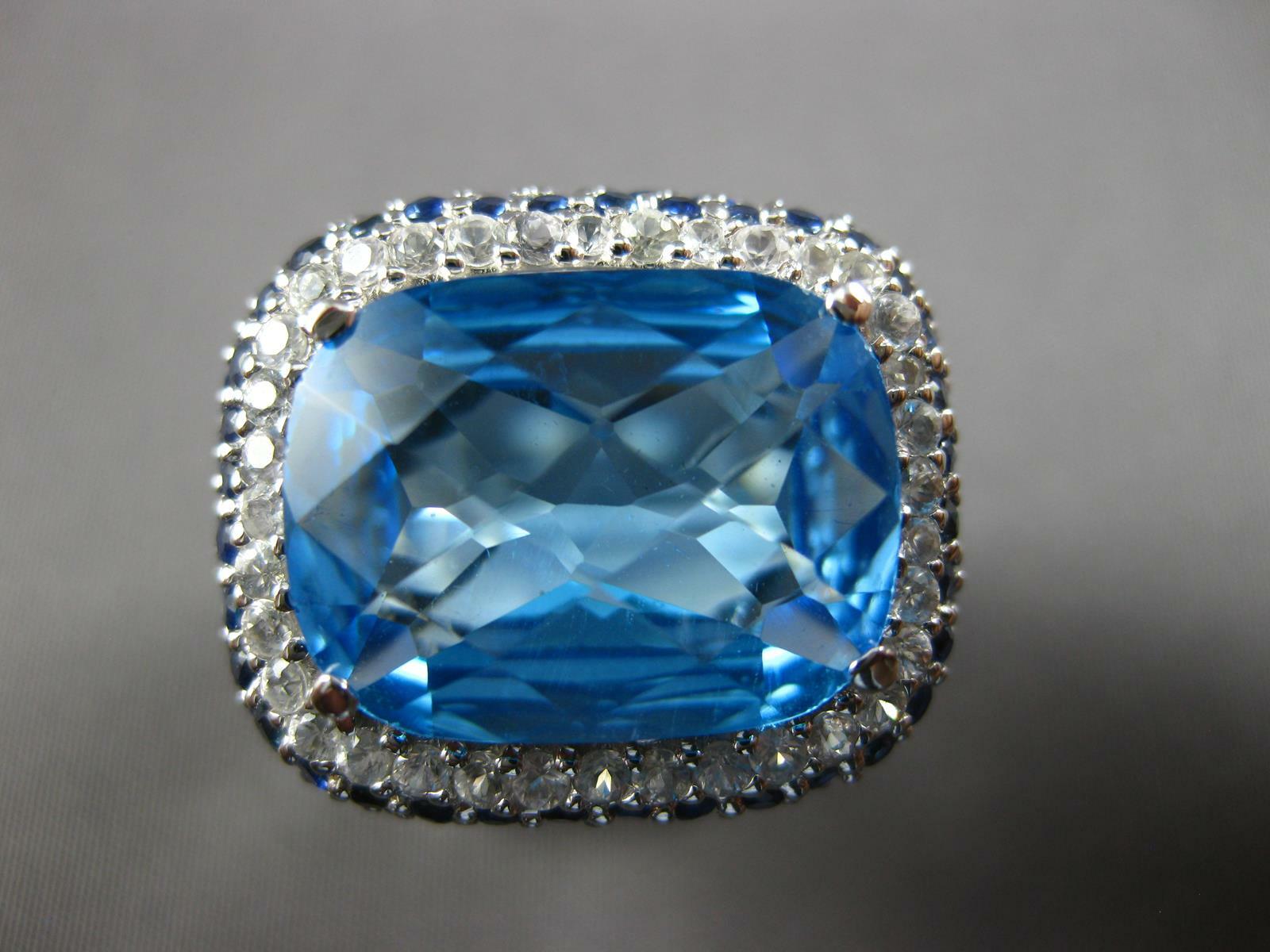 ESTATE EXTRA LARGE 14.51CT DIAMOND AAA SAPPHIRE & BLUE TOPAZ 14K WHITE GOLD RING