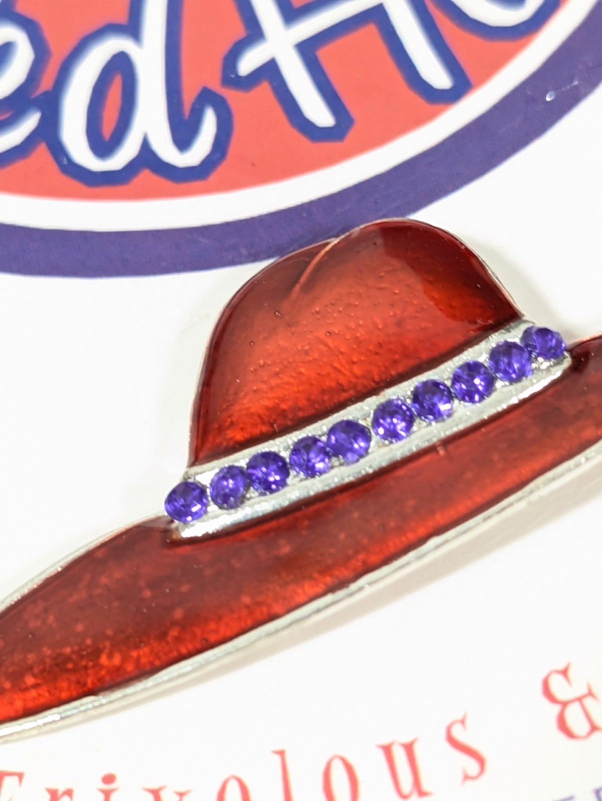 Ladies Red Enamel Hat Purple Rhinestone Brooch Pin