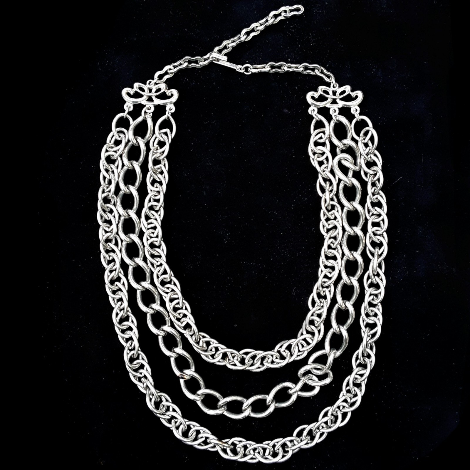 Vtg 90s THREE CHAIN Heavy metal CHOKER Necklace goth Rock punk biker Silver tone