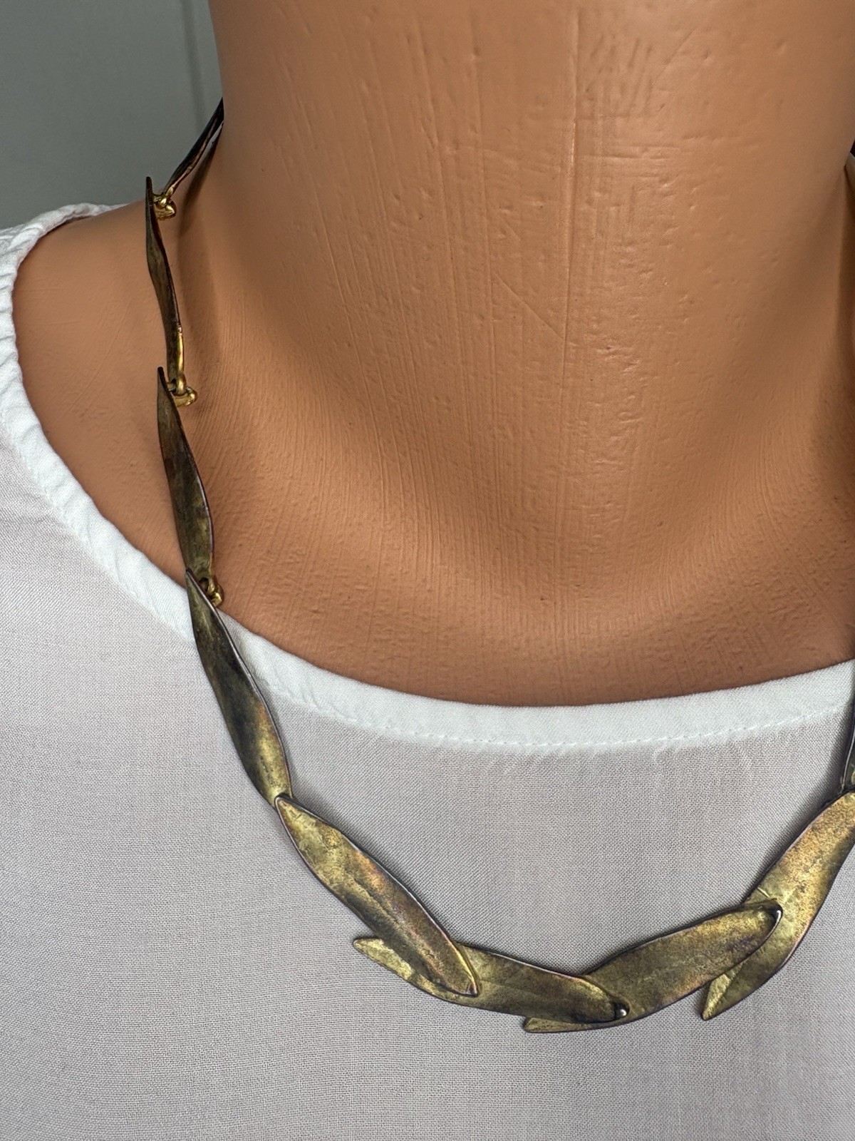 VTG Virginia Parissi Brutalist Leaf Necklace Earrings Set Bronze Tone Modernist