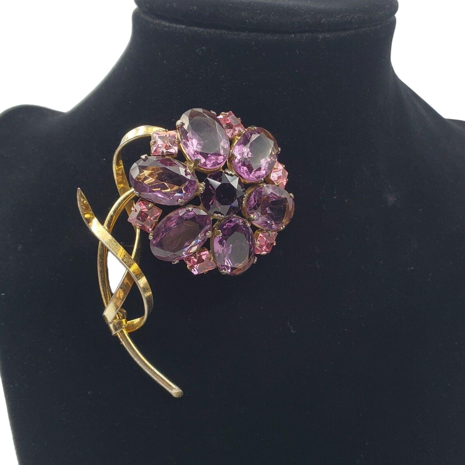 Flower Brooch Gold Vermeil Sterling Silver Pin Purple Glass Pink Rhinestone 40s
