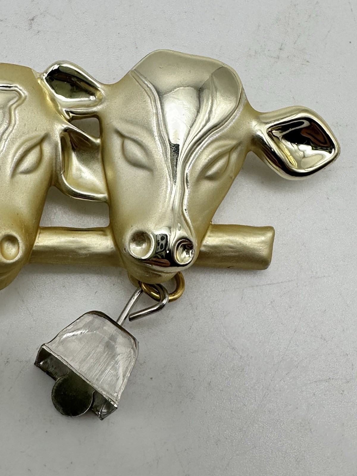 Vintage Gold Tone 3 Cow Brooch Pin with Dangling Silver Tone Bells Signed AJC