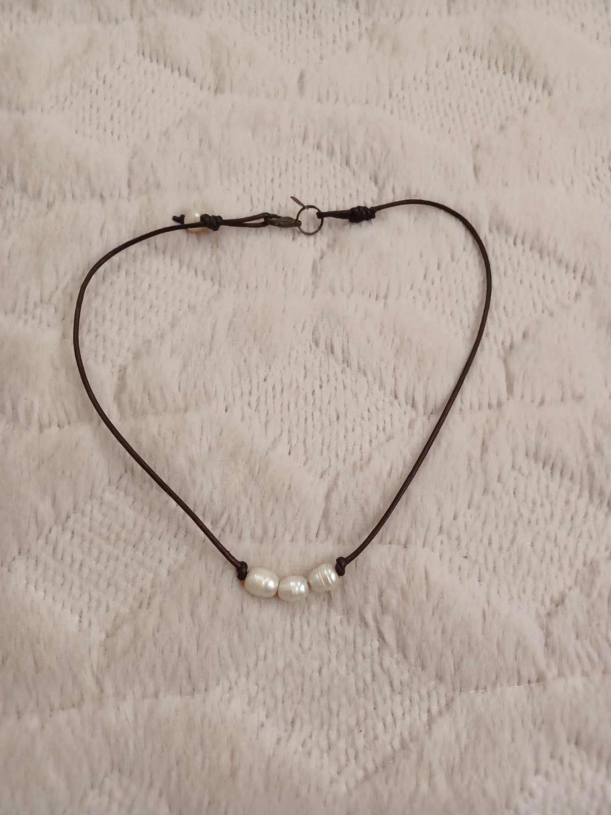 Vintage BLU Genuine Freshwater Pearl & Brown Leather Cord Simple Necklace