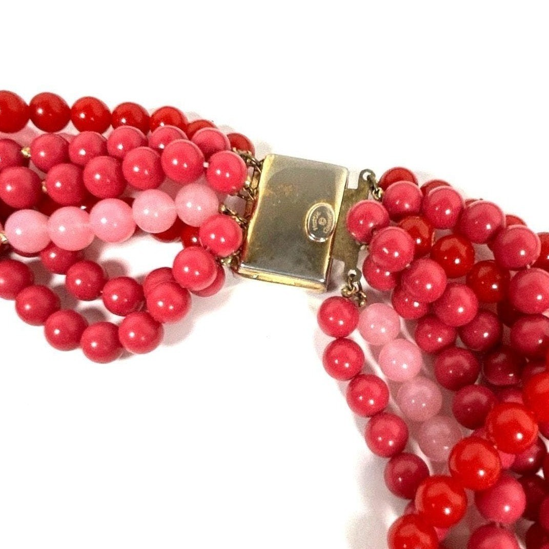 Hattie Carnegie Statement Bead Necklace Pink Red Multistrand 1950s Signed