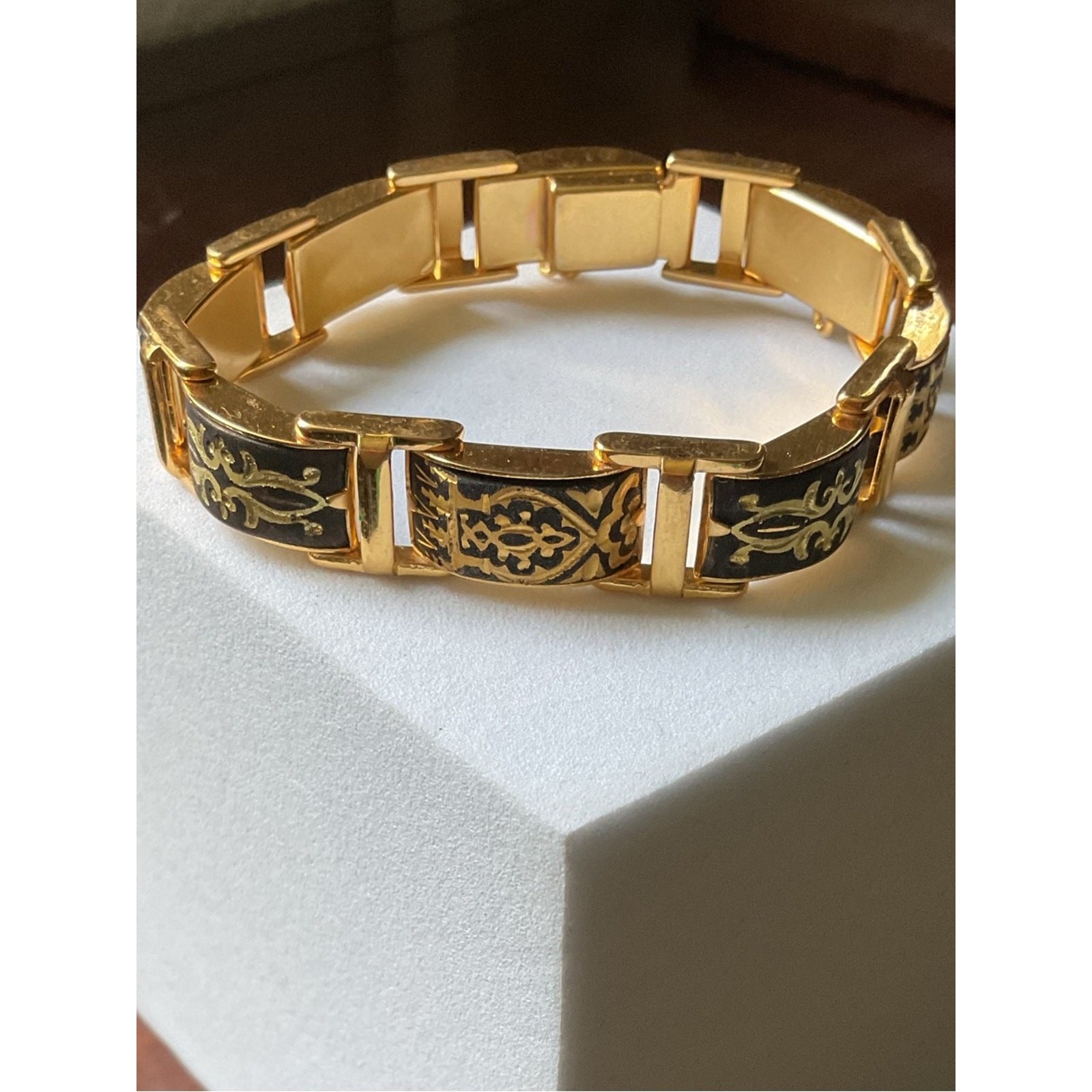 Vintage Damascene Linked Panel Bracelet Gold Tone 7.25” Repair Craft