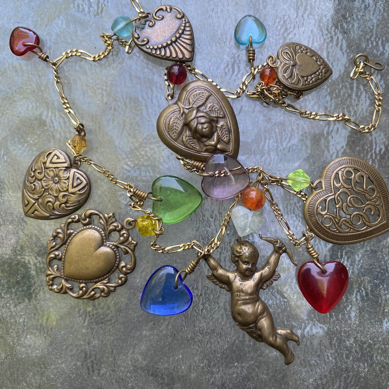 Vintage Glass Works Studio Charm Necklace GWS Cupid Heart Angel Costume Jewelry