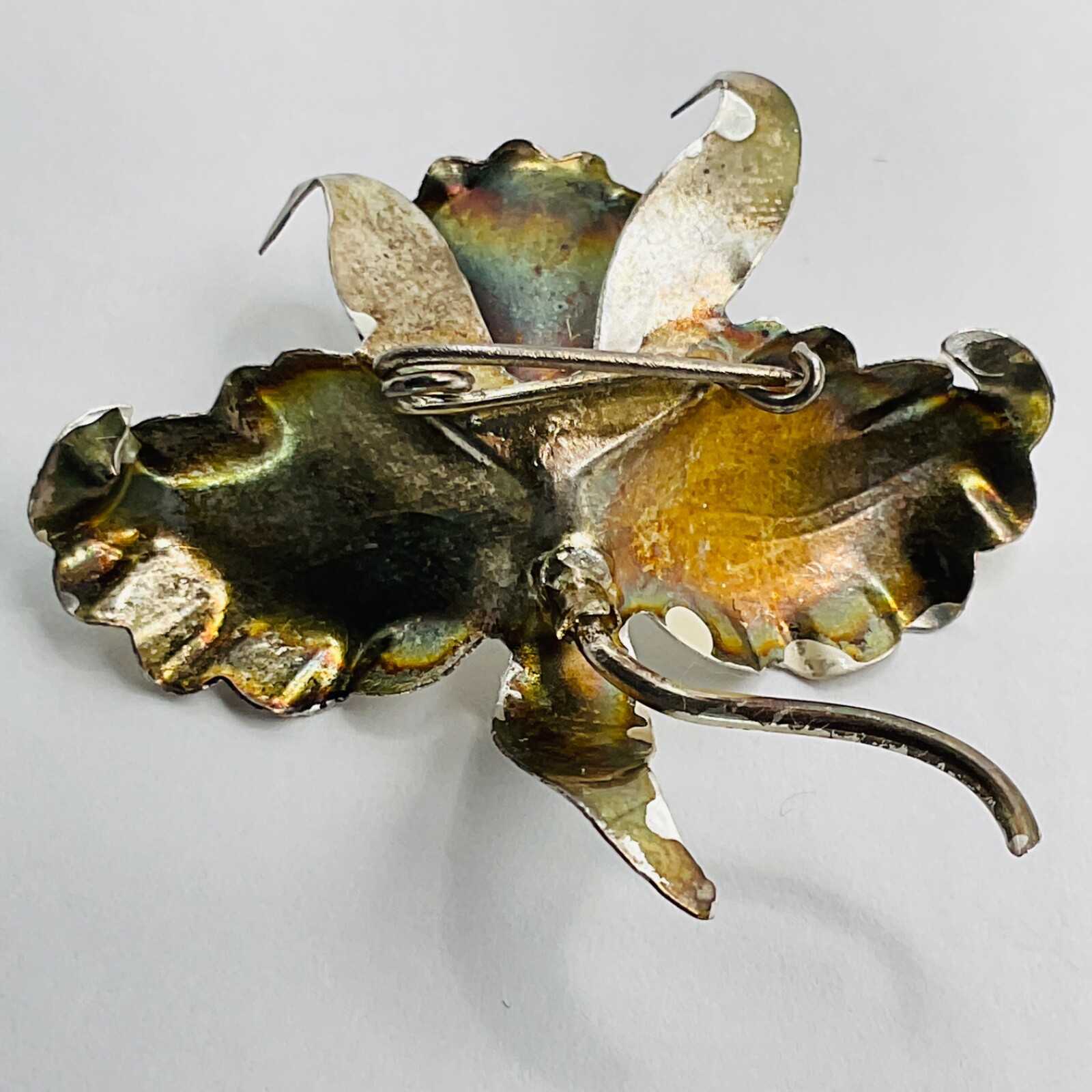VTG Brooch Pin Orchid Flower Floral 900 Silver May Birthstone Raw Emerald Jewel
