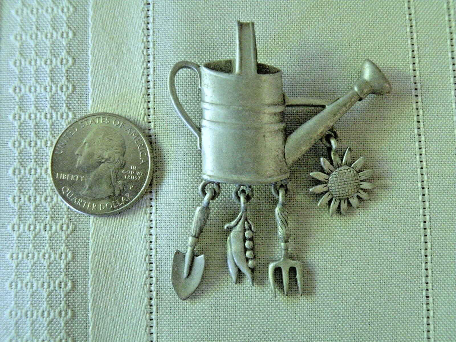 Vtg. JJ Jonette Silver Tone Garden Theme Tools, Watering Can, Flower, Dangle Pin