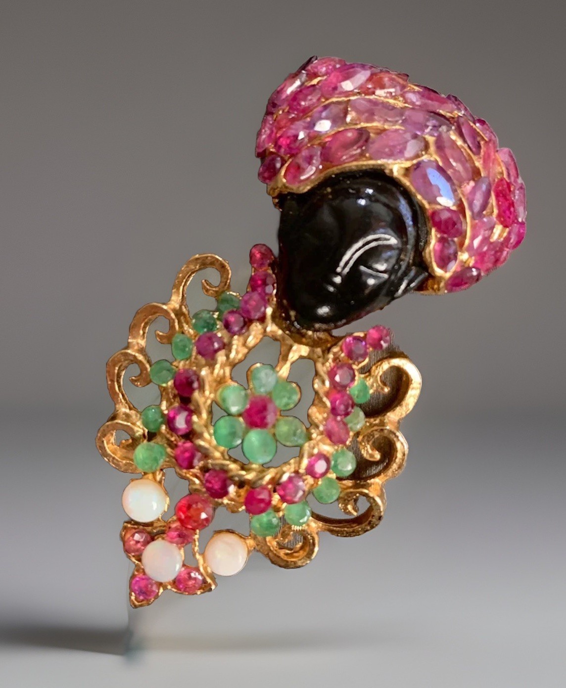 Vintage Natural Gemstone Blackamoor Brooch Pin with Ruby, Emerald,opal Gold 24kp