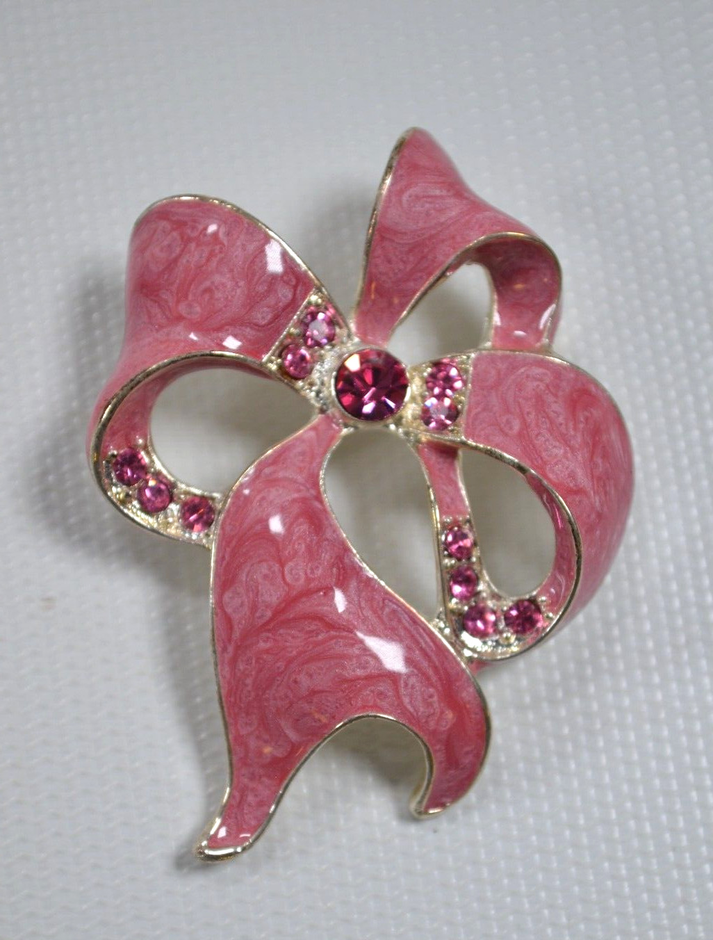 Vintage Ribbon Bow Pink Swirl Enamel Coated Brooch Pink Rhinestones