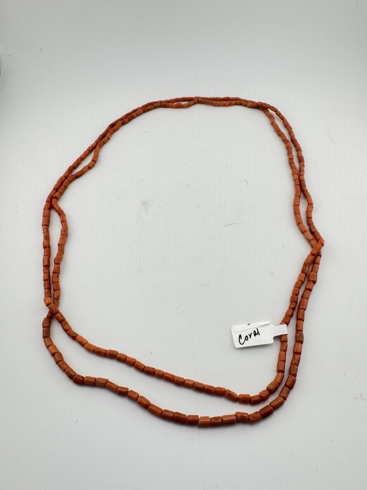Antique Genuine Salmon Pink Coral Tube Bead Necklace Continuous Long Loop Strand