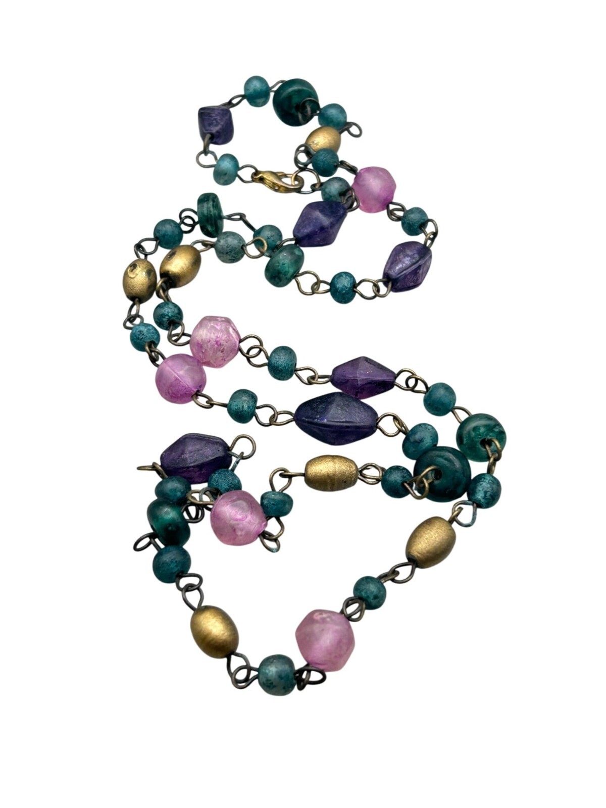 Purple Blue And Pink Pressed Glass Beaded Necklace Dyed Beads 30″ Long Single St