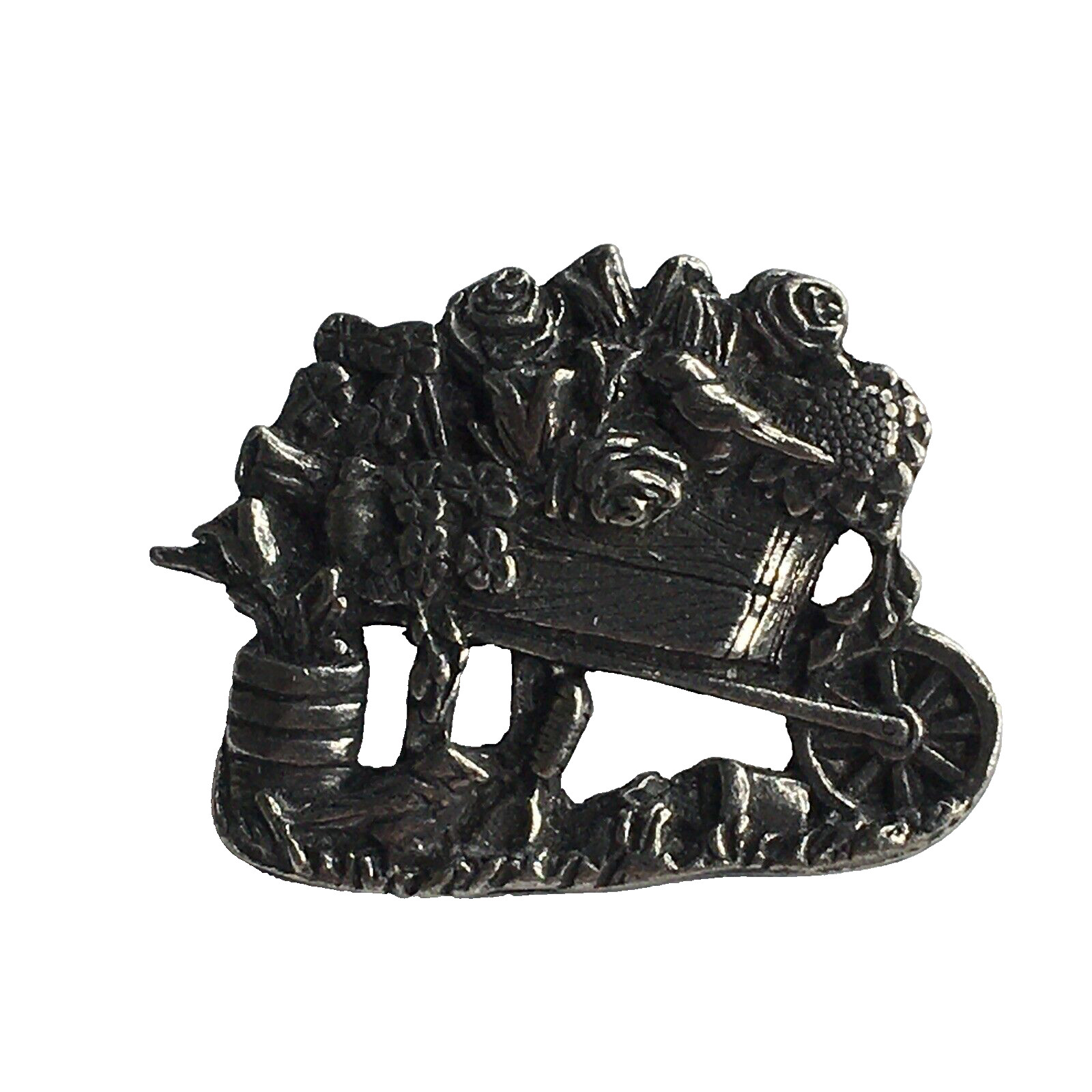 Birds & Blooms Brooch Pin Pewter Flower Wheelbarrow Granny Cottage Fairycore