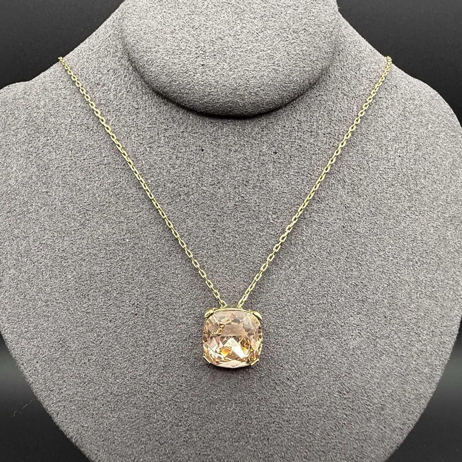 Gold Tone Blush Champagne Cushion Cut Crystal Pendant Necklace Modernist Sparkle