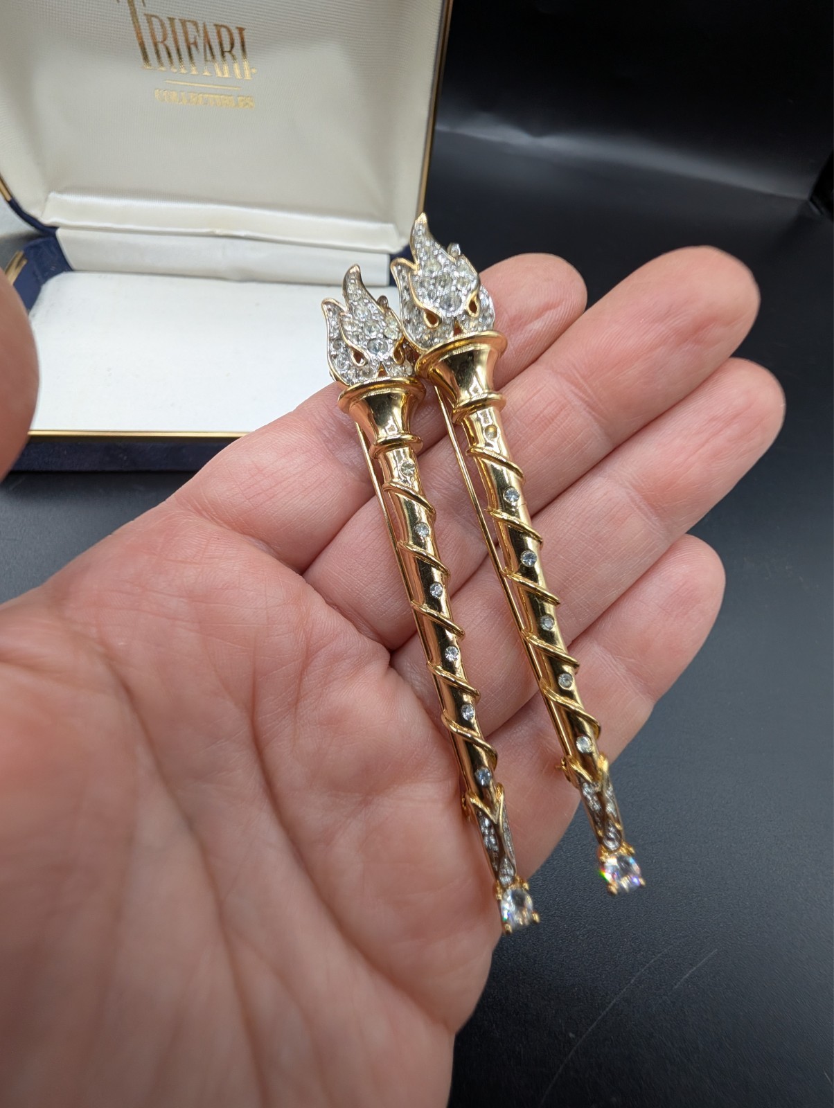 Vintage Trifari Collectibles Twin Torch Brooches Missing One Rhinestone