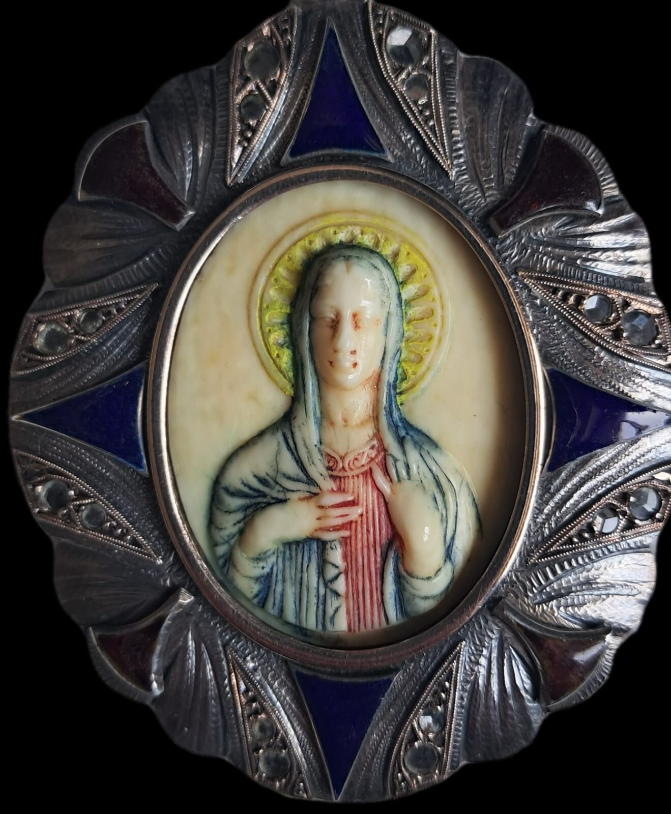 Fine Antique Art Nouveau Silver Gold Enamel Virgin Mary Madonna Pendant Ca 1900
