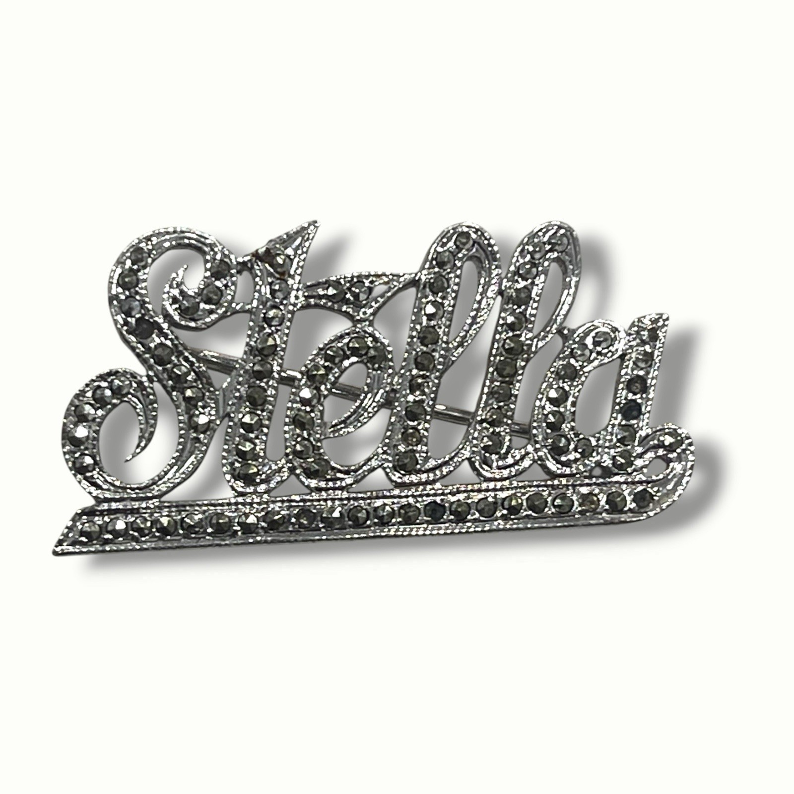 Sterling Silver STELLA Pin Vintage B-K 925 Marcasite Brooch Cursive Writing