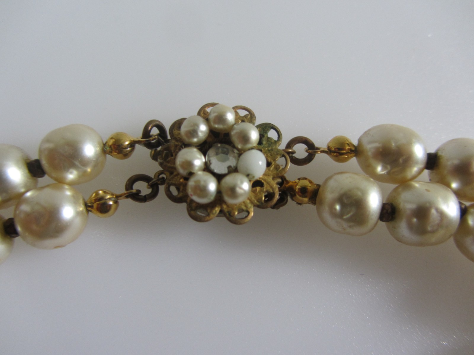 Vintage Signed Miriam Haskell Double Strand Pearl Necklace with Ornate Leaf Pend