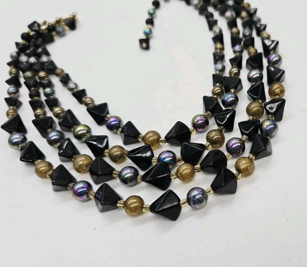 Peacock Colors Beaded Layered Necklace signed Japan Four Row Iridescent Vintage