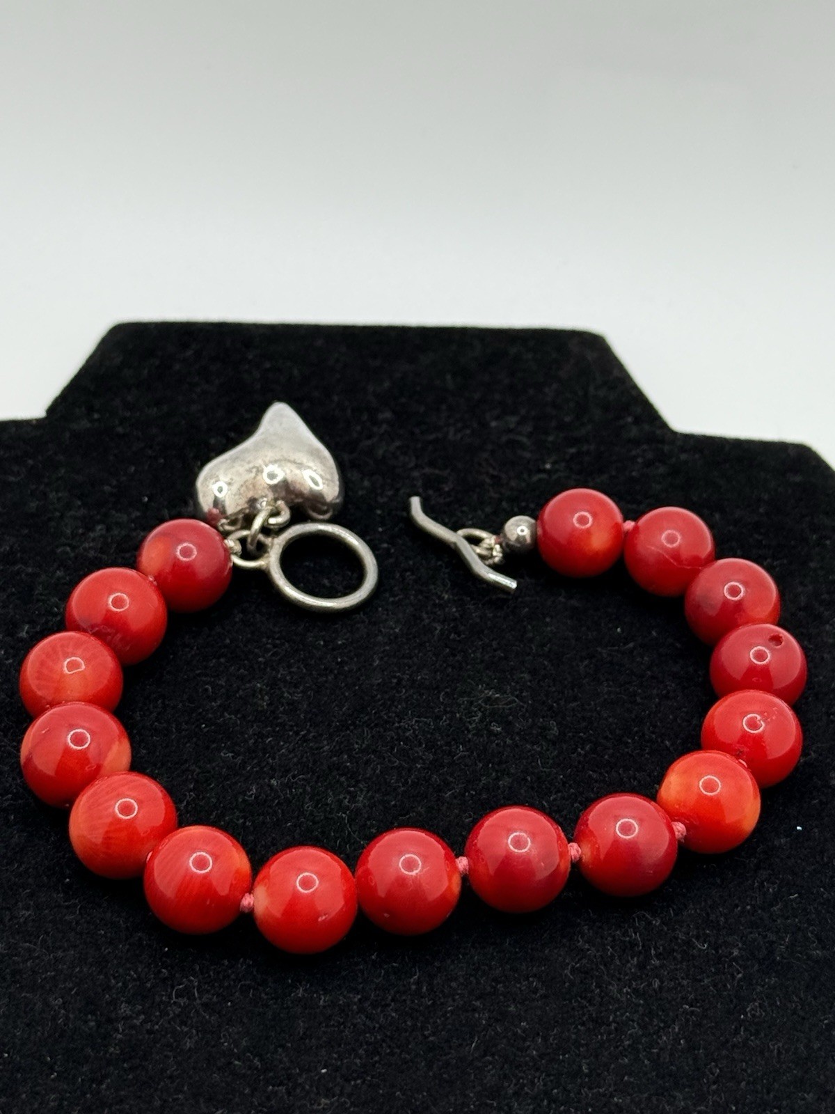 Vintage Sterling Silver Heart Bracelet Red Onyx Stones Toggle Closure 8”