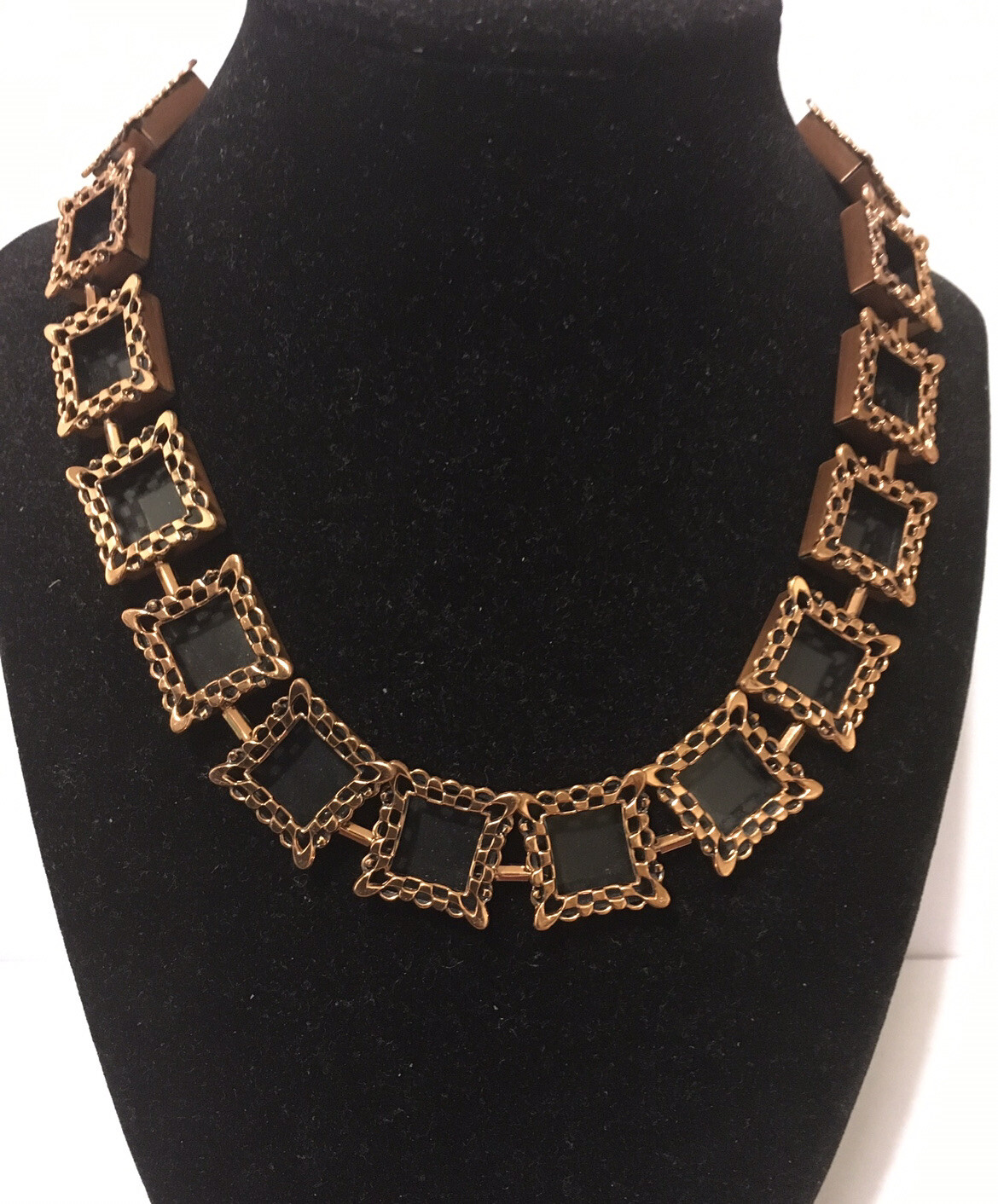 VTG signed Renoir/ Matisse Set Necklace & Earrings Bronze Black Enamel 17.5 in