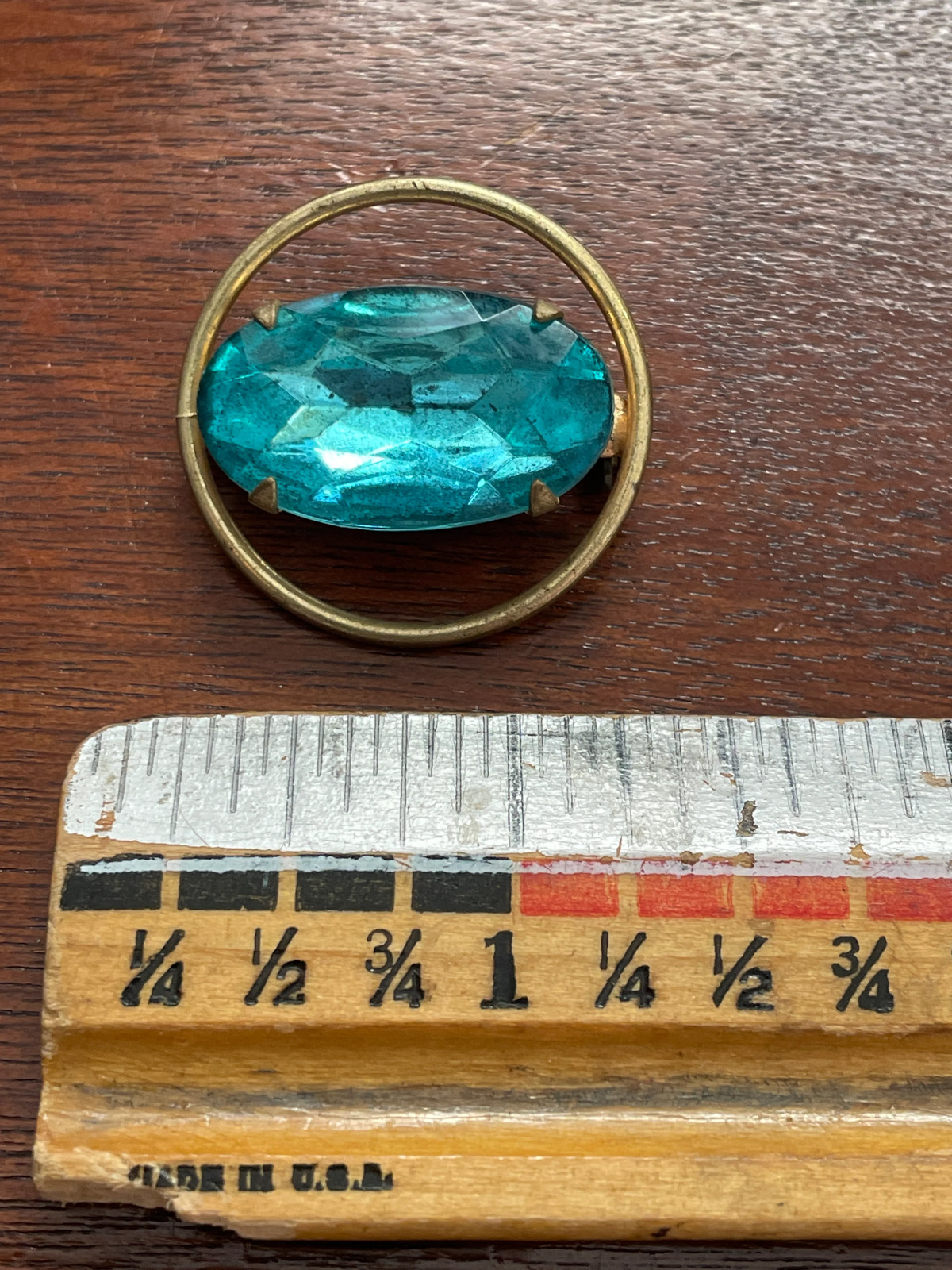 Vintage Gold Tone Brooch Circle With Large Light Blue Teal Glass Stone Gold Foil