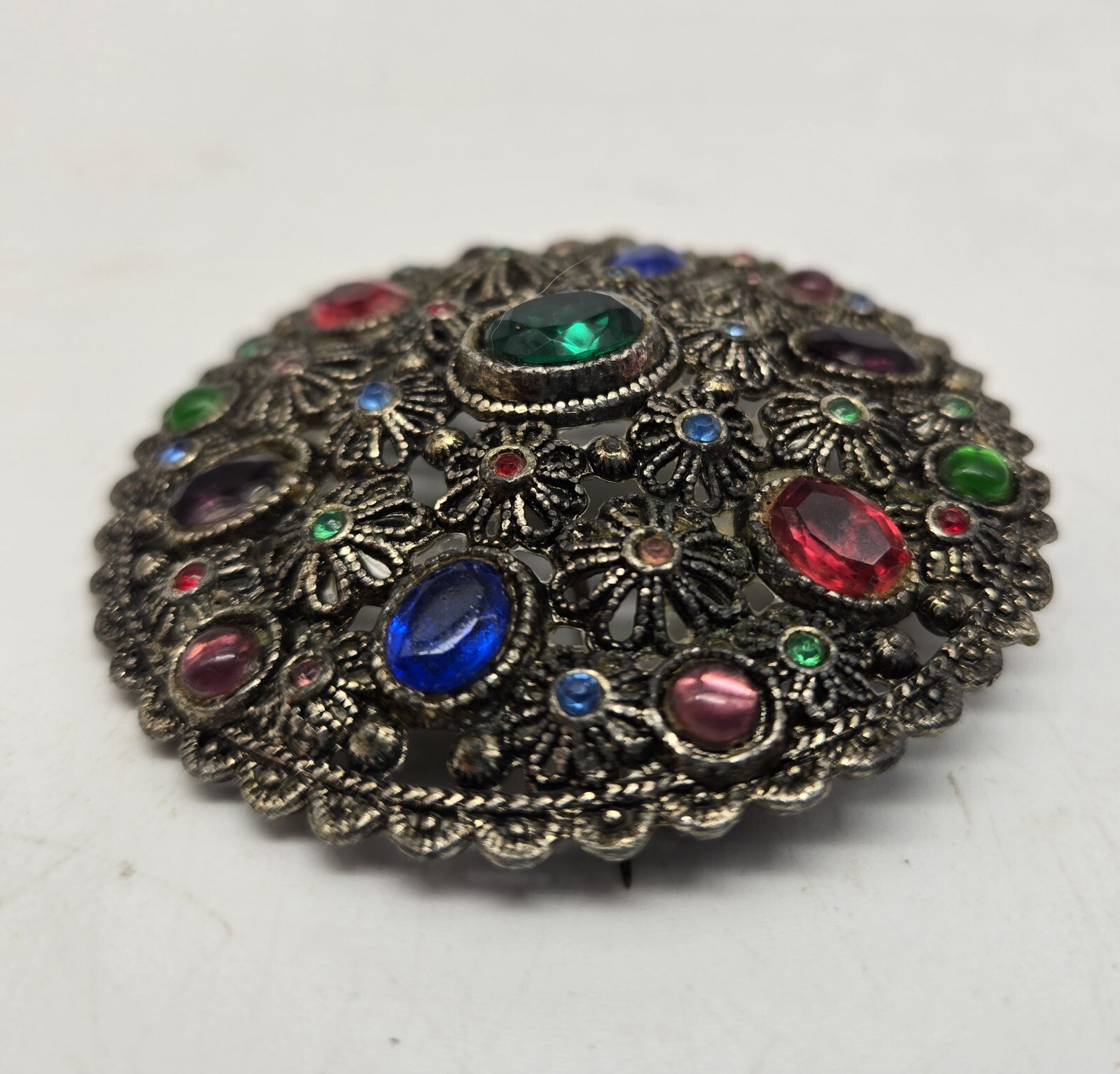 Antique New England Glass Works Rhinestone Brooch Filigree Vtg Signed Goblet