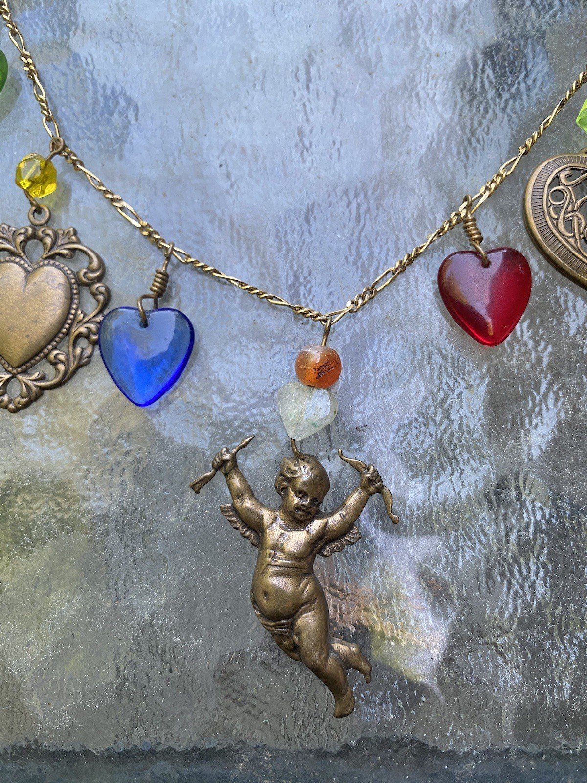 Vintage Glass Works Studio Charm Necklace GWS Cupid Heart Angel Costume Jewelry