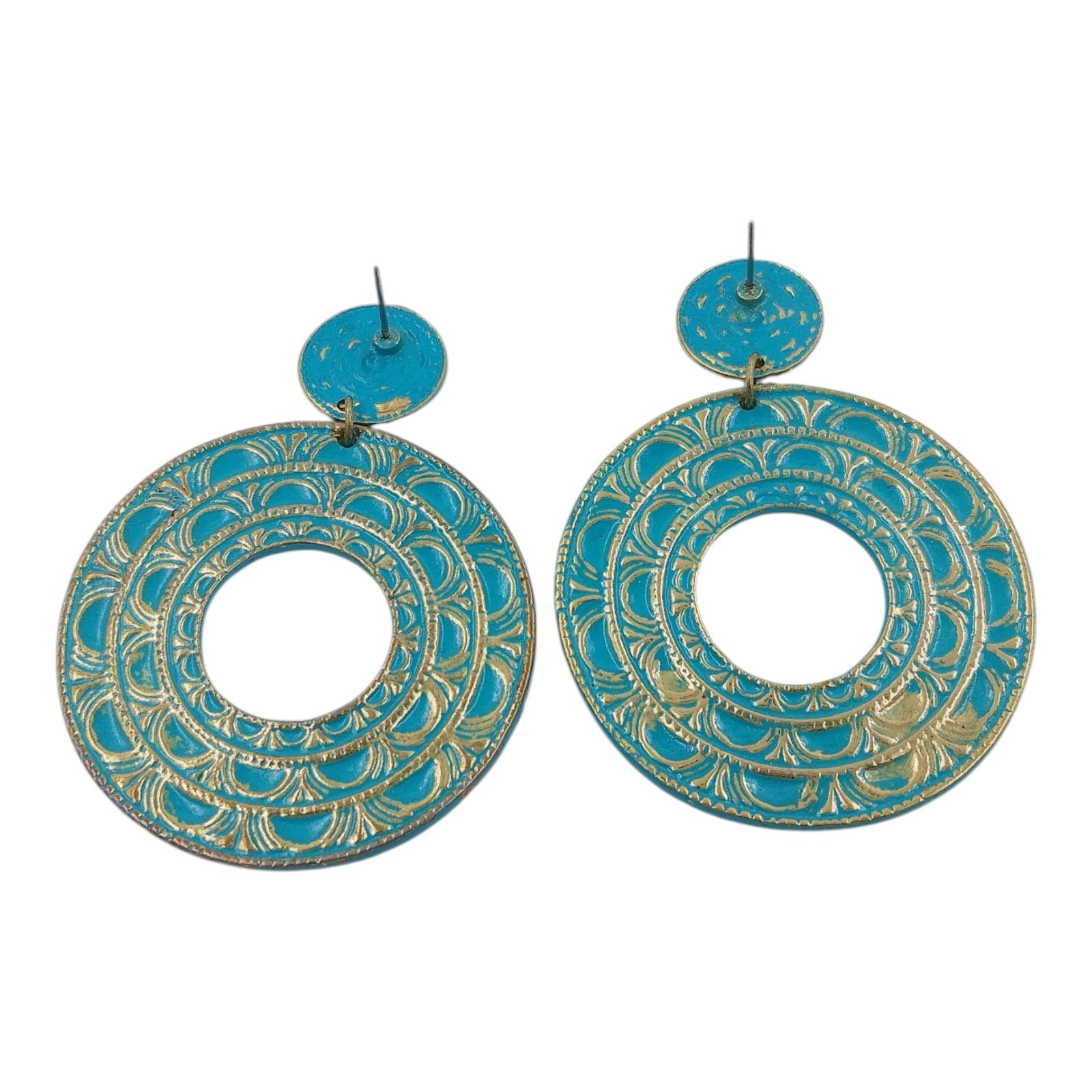 Blue Enameled Metal Dangle Drop Hoop Pierced Earrings Southwestern Boho