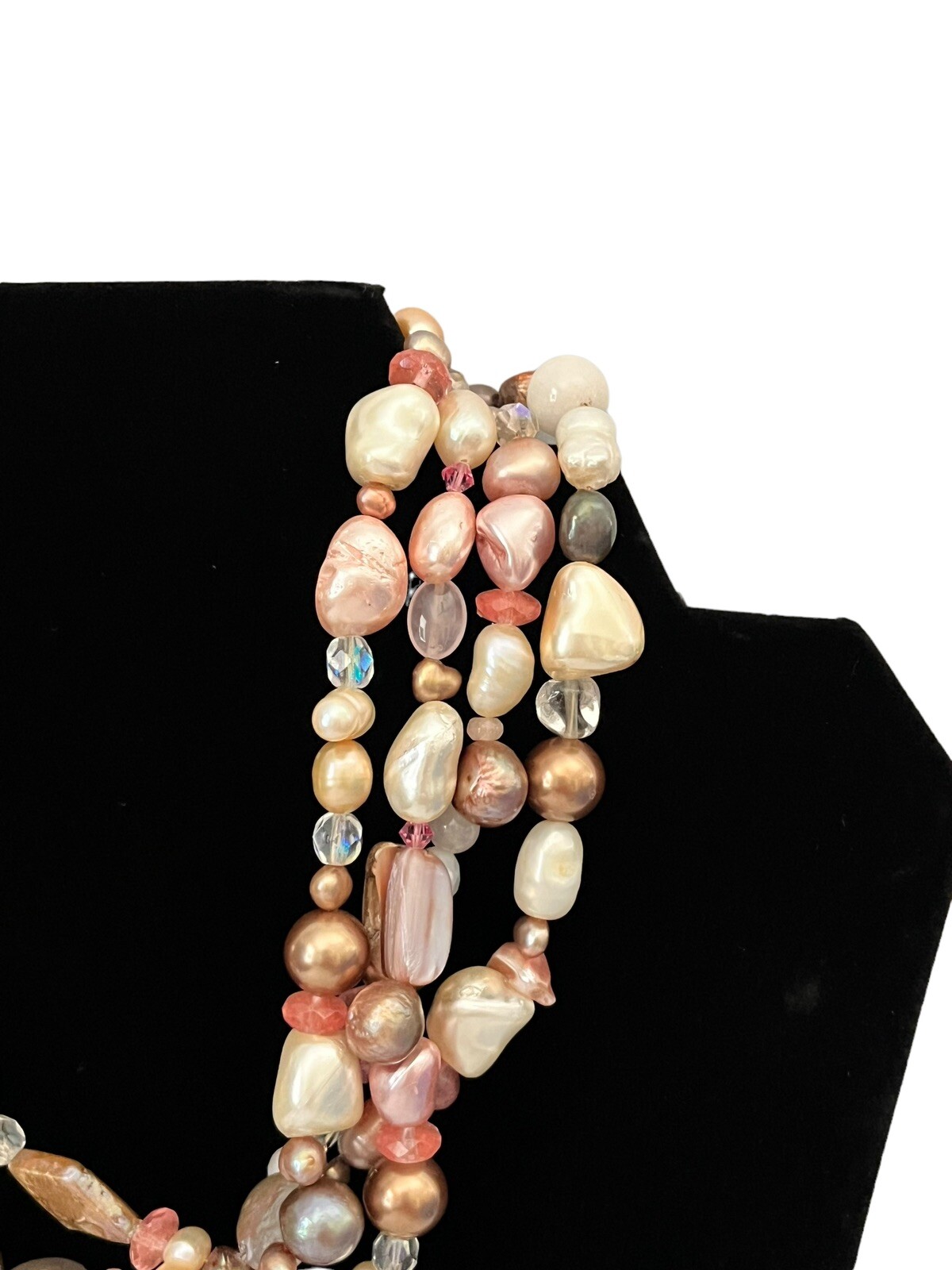 Vintage Faux Pearl Necklace 3 Strands Box Tab Clasp Made In India Pink Choker