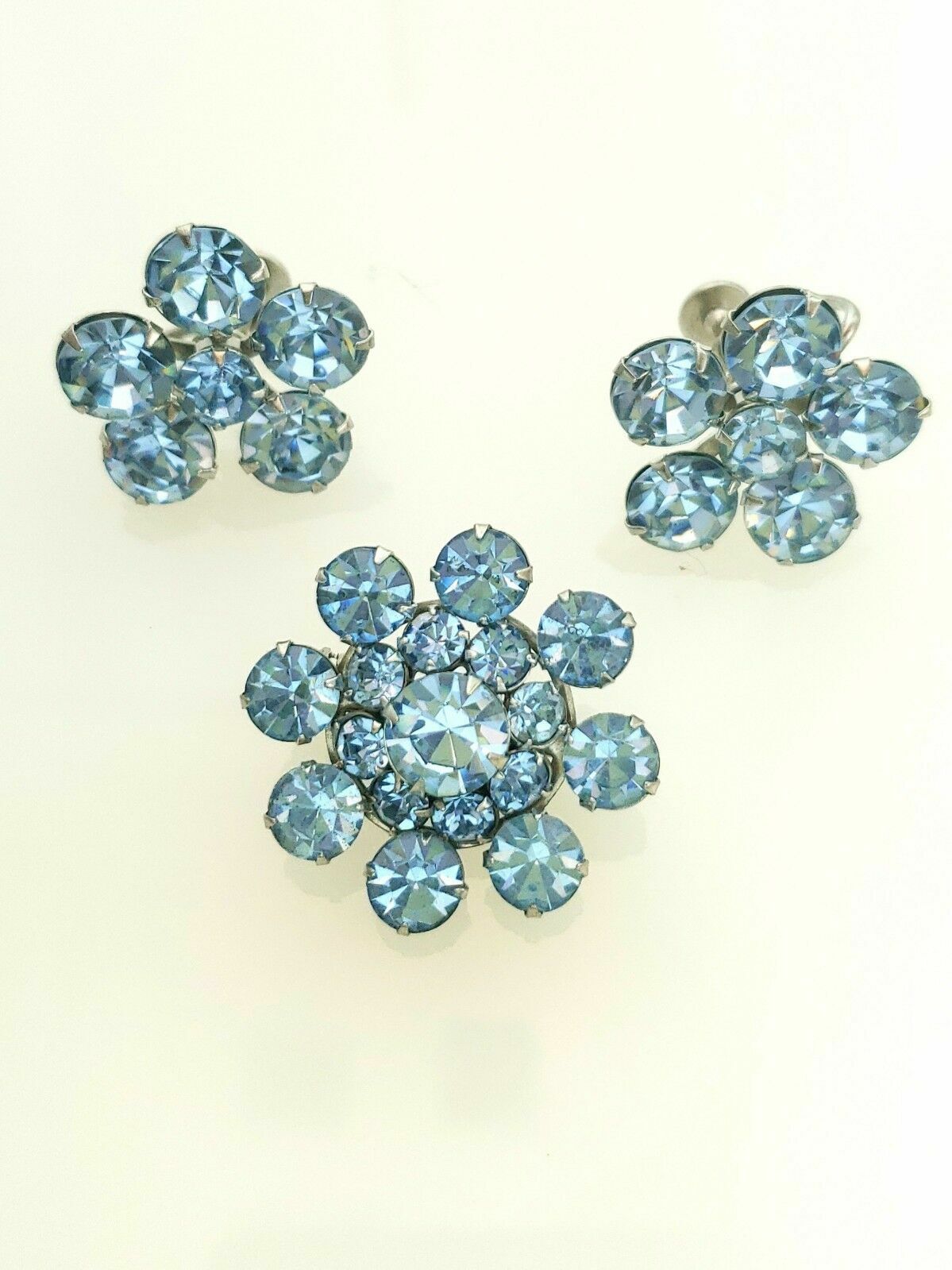 Aqua Blue Rhinestones Silvertone Earrings Brooch Set MINT