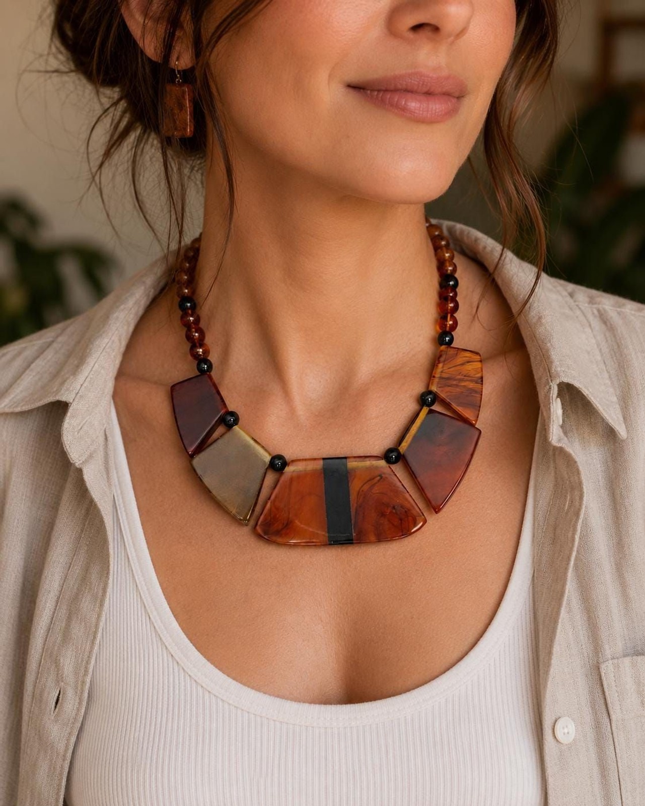 Vintage Lucite Statement Necklace Amber Tortoise Resin Geometric Necklace