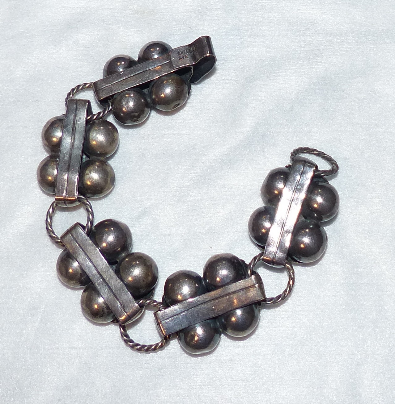 Mexican Silver Amethyst Bracelet With Slver Rope Links Vintage