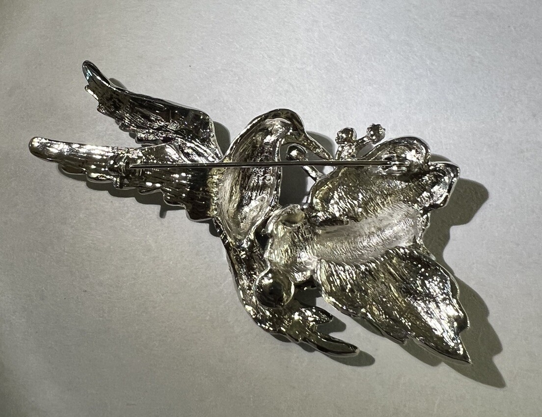 Colorful Hummingbird And Flower Brooch Purple Green And Blue Enamel Silver