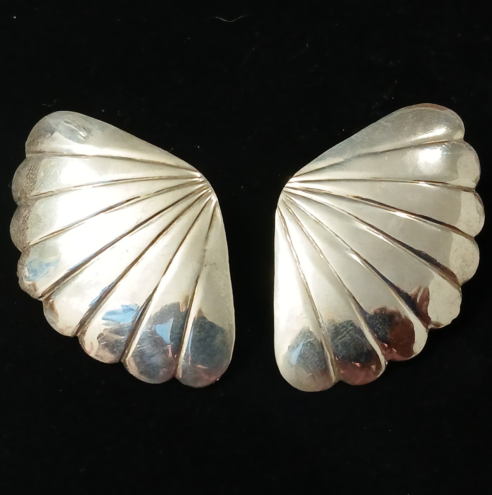 VTG Sterling Scalloped Earrings 925 Silver Fan Boho Nautical Statement 1 7/8″