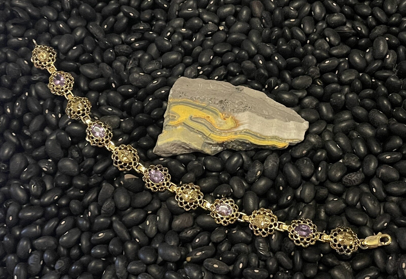 Sterling Silver Gold Vermeil Purple Amethyst Etched Open Work Tennis Bracelet