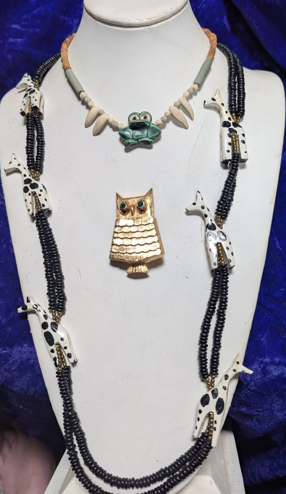 African Wood Giraffe And Bead Hand Made Ceramic Frog Necklaces. Avon Owl Brooch