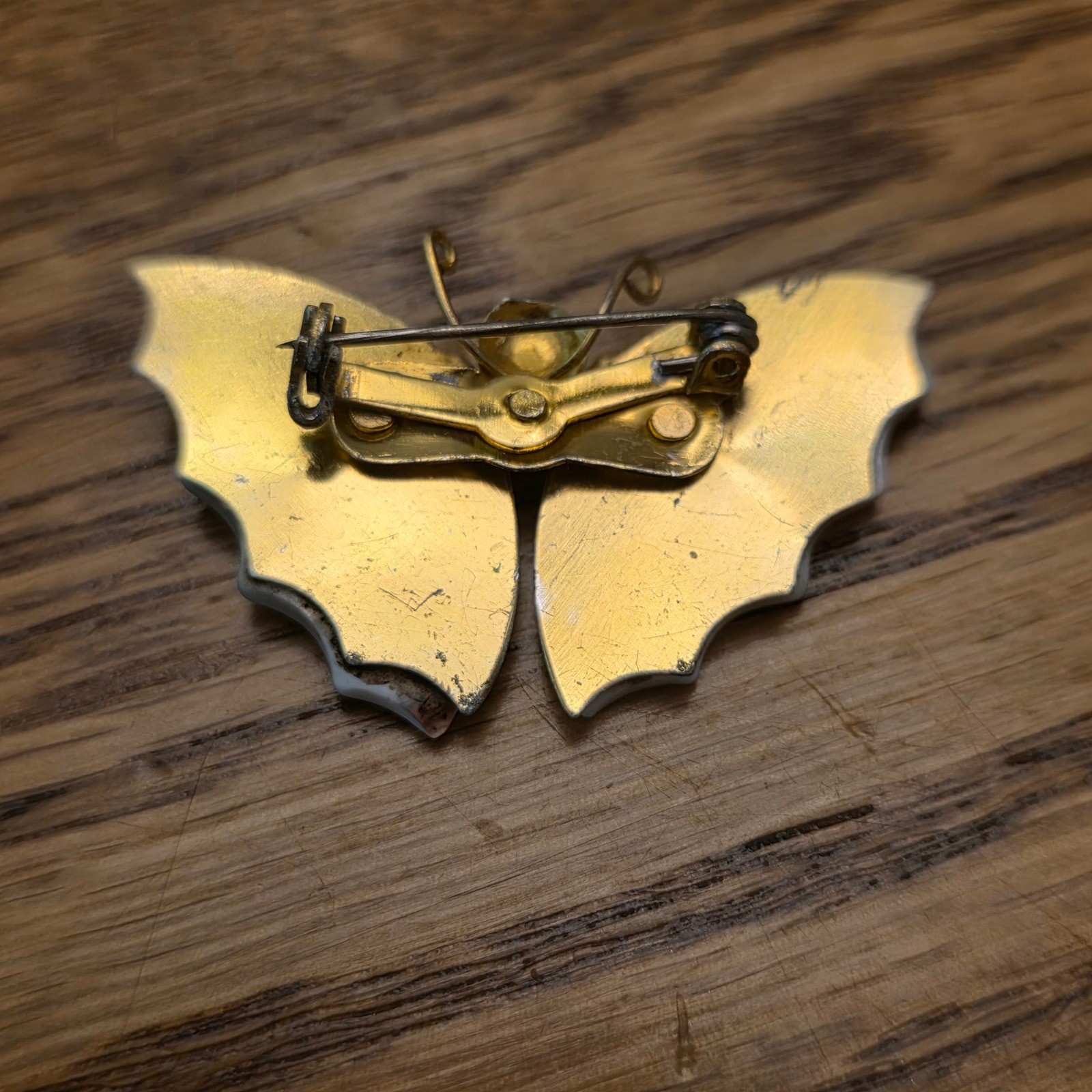 Vintage Mother of Pearl Butterfly Brooch Gold Tone Carved Shell Pin 1.5″ Moth