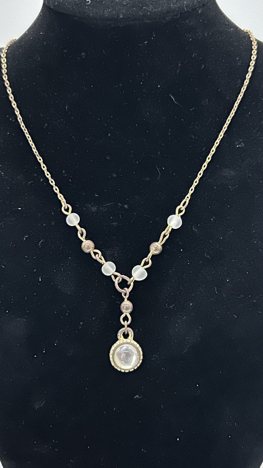 e Stag Gold-Tone Necklace – Frosted Lucite Beads & Faux Pearl Cabochon Drop