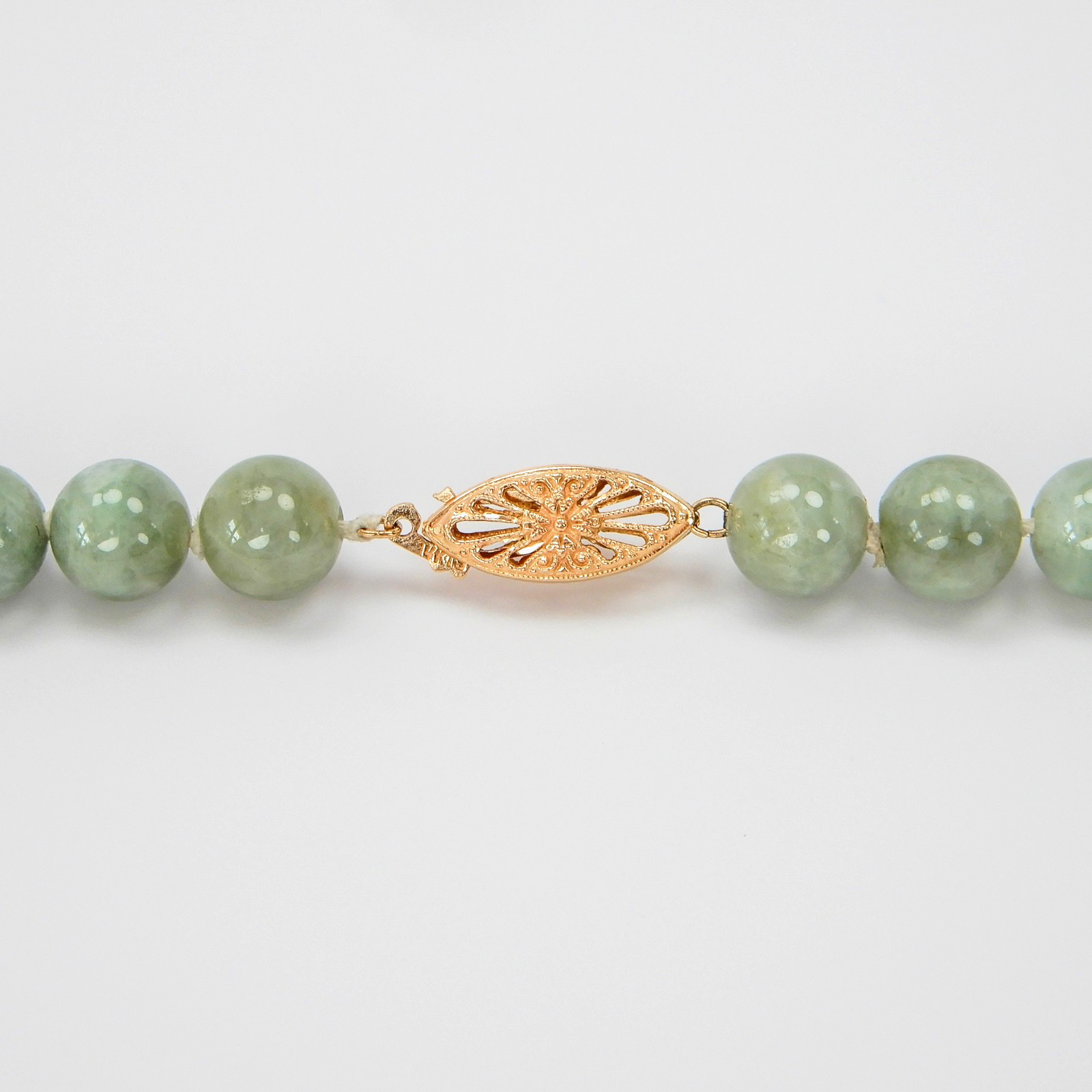 Green Jade Jadeite 8mm Bead Necklace 17” 14K Filigree Clasp 52.9g