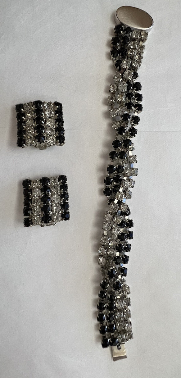 Art Deco Antique Sterling Silver Rhinestone Bracelet & Earrings Set 1950’s