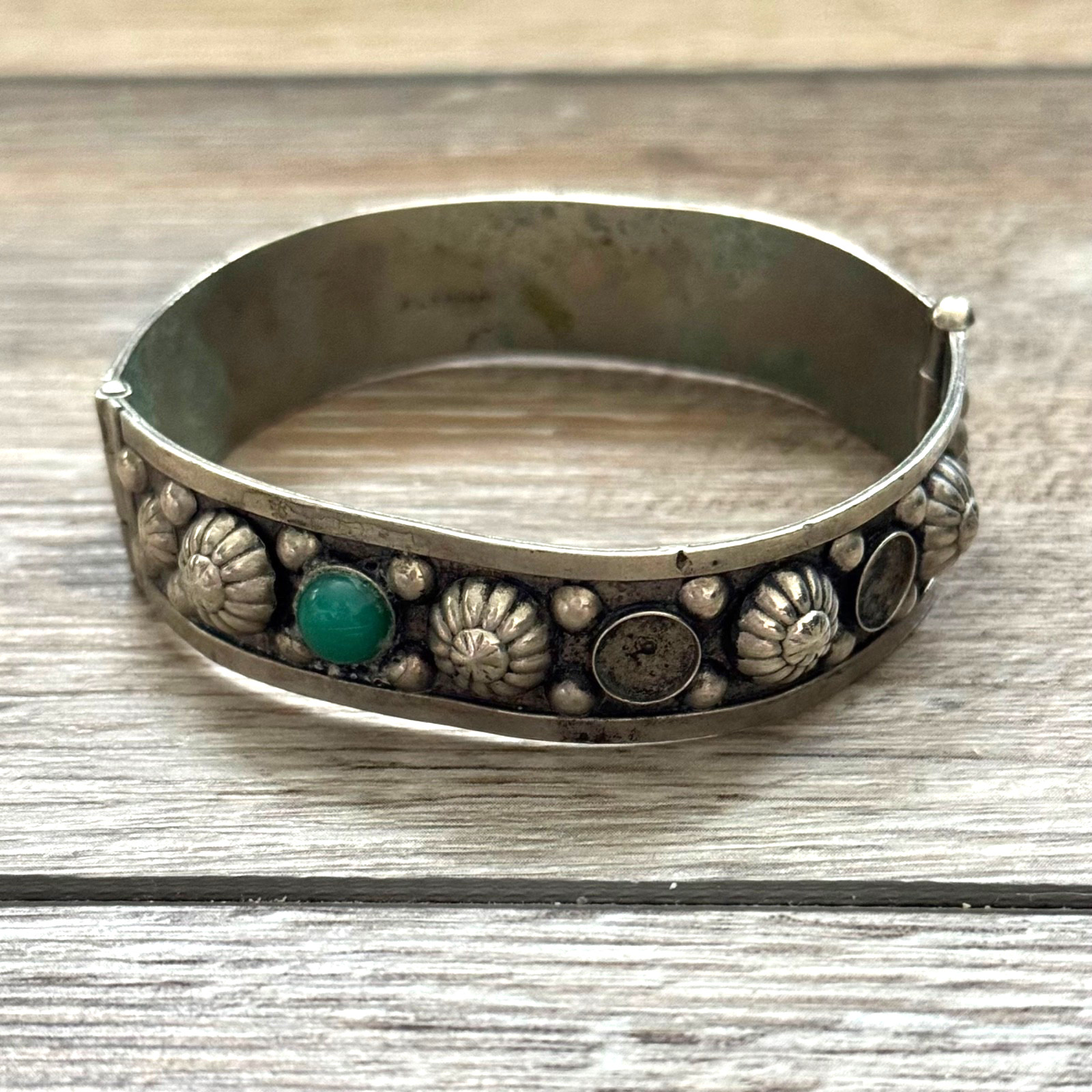Vintage Alpaca Misshaped Hinged Bracelet Missing Stones Tarnished Double Stamp C
