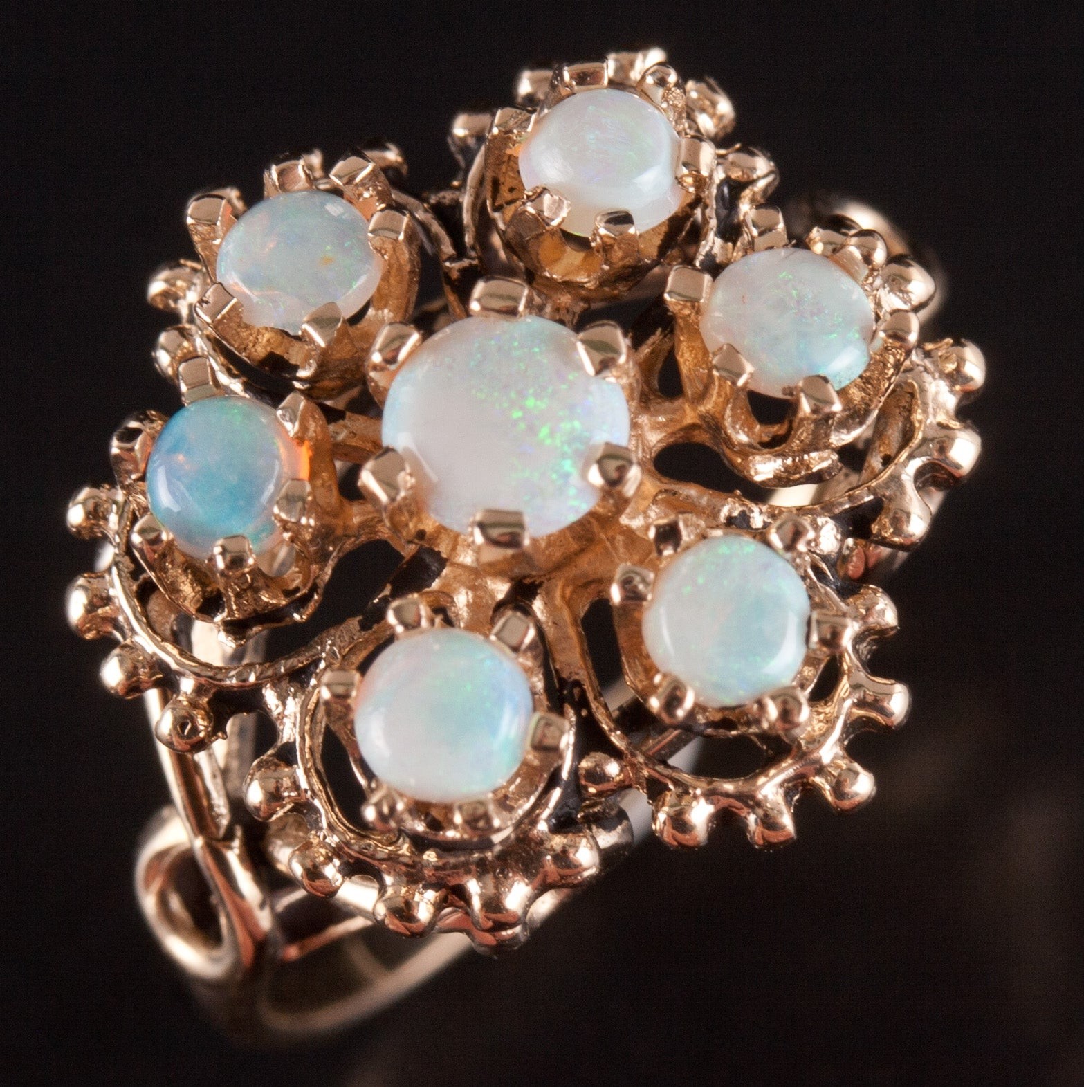 Vintage 1960’s 14k Yellow Gold Round Cabochon Opal Floral Ring .54ctw 3.75g