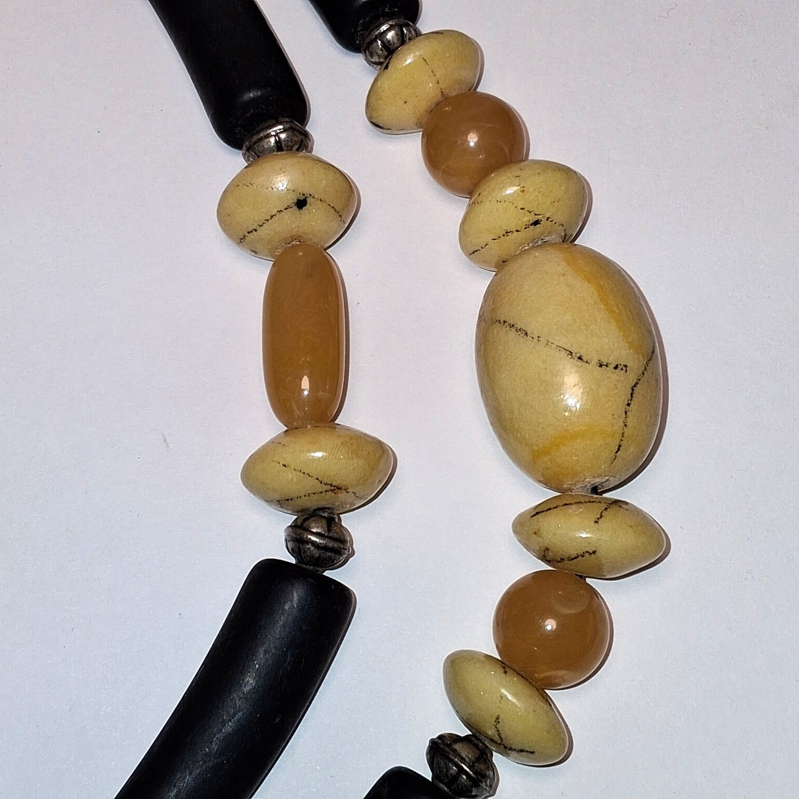 Vintage Les Bernard Double Strand Faux Horn Runway Necklace Black & Amber Resin