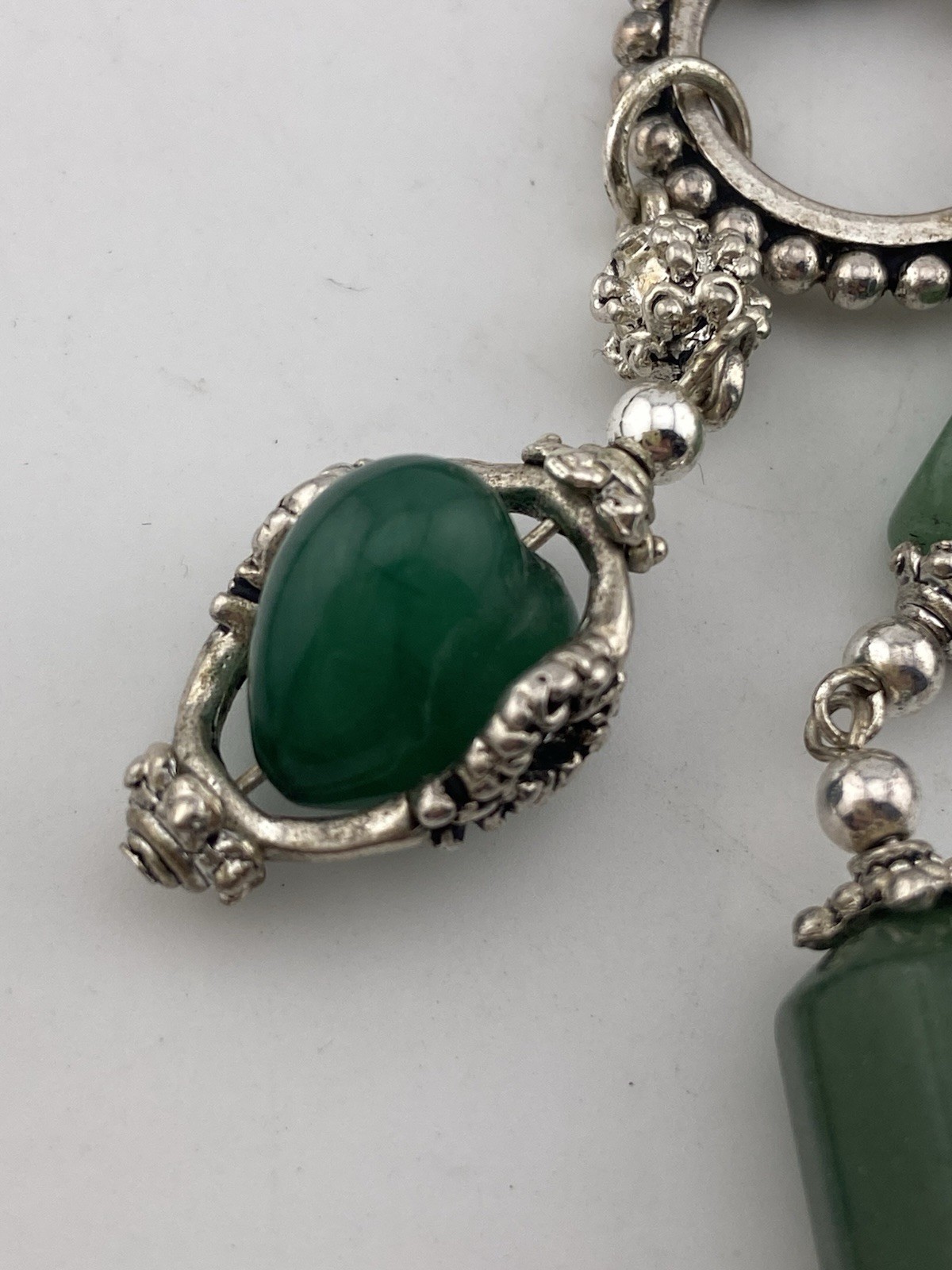 Mod Vtg Silver & Green Semi Precious Stone Tassel Necklace W/ Double Suede Cord