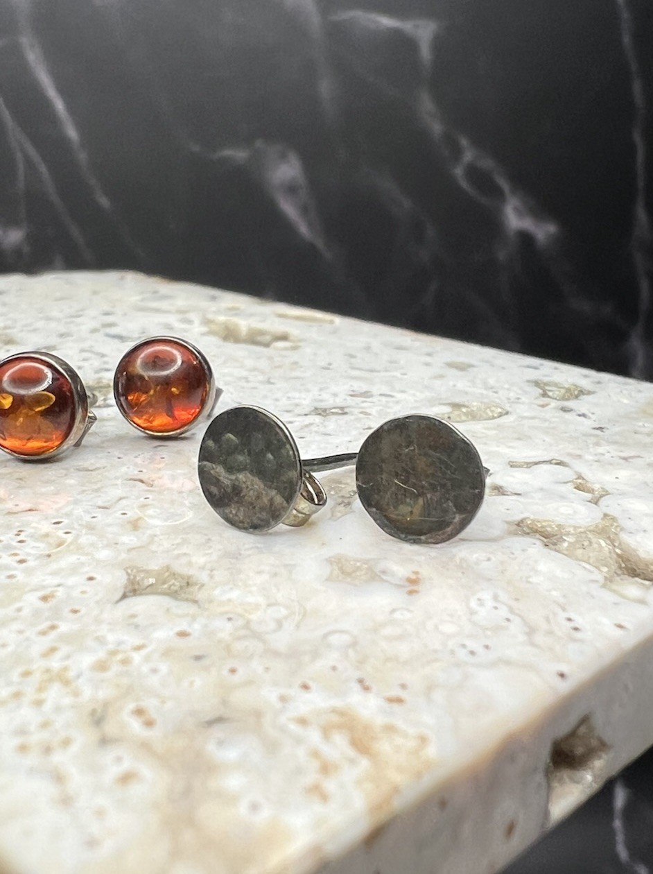 VTG 925 Sterling Silver Marcasite Heart Round Amber Stud Earrings Set
