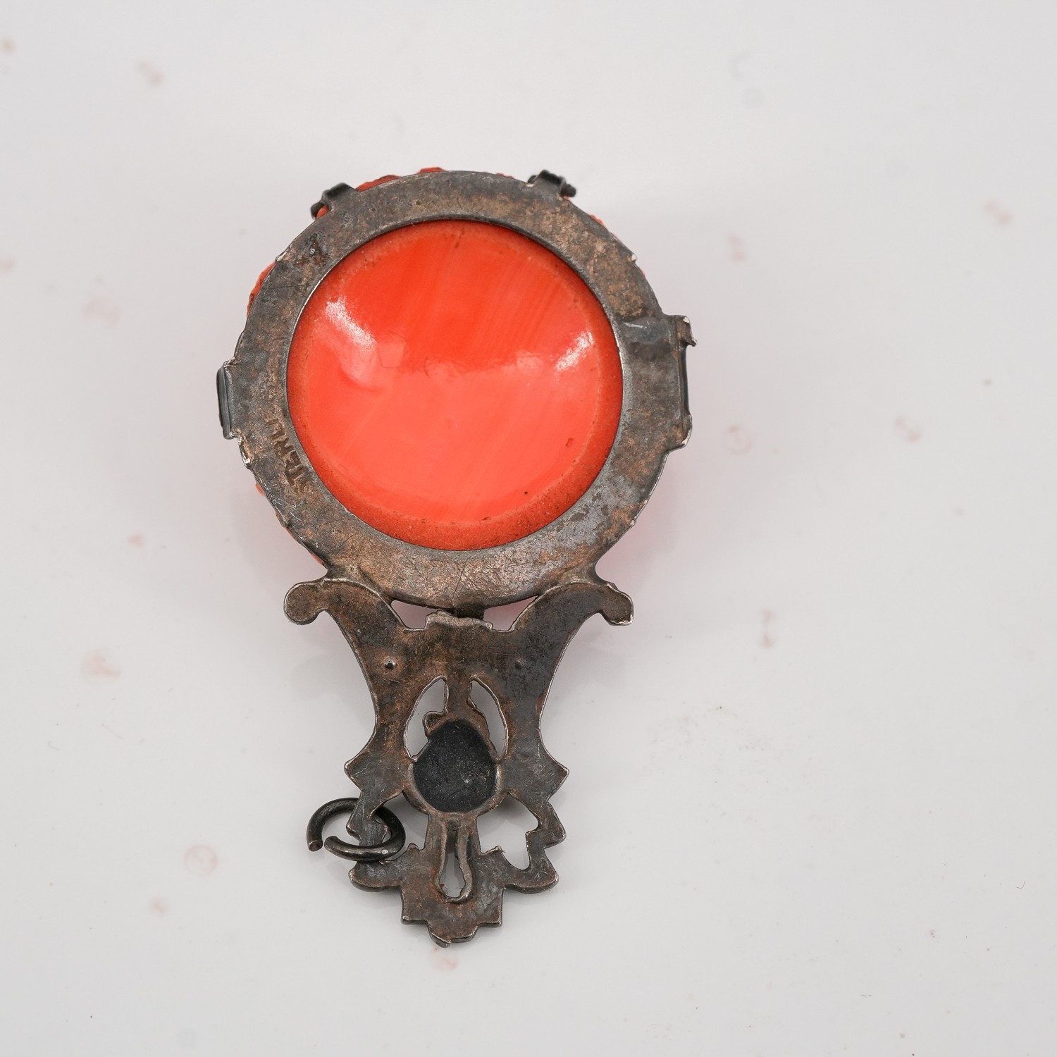 3.9g Czech Art Deco Coral Glass Floral Marcasite 925 Sterling Pendant 1.25in